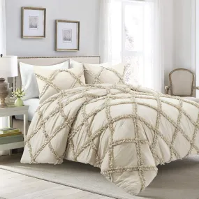 , King, Neutral Ruffle Diamond 3 Piece Comforter Set