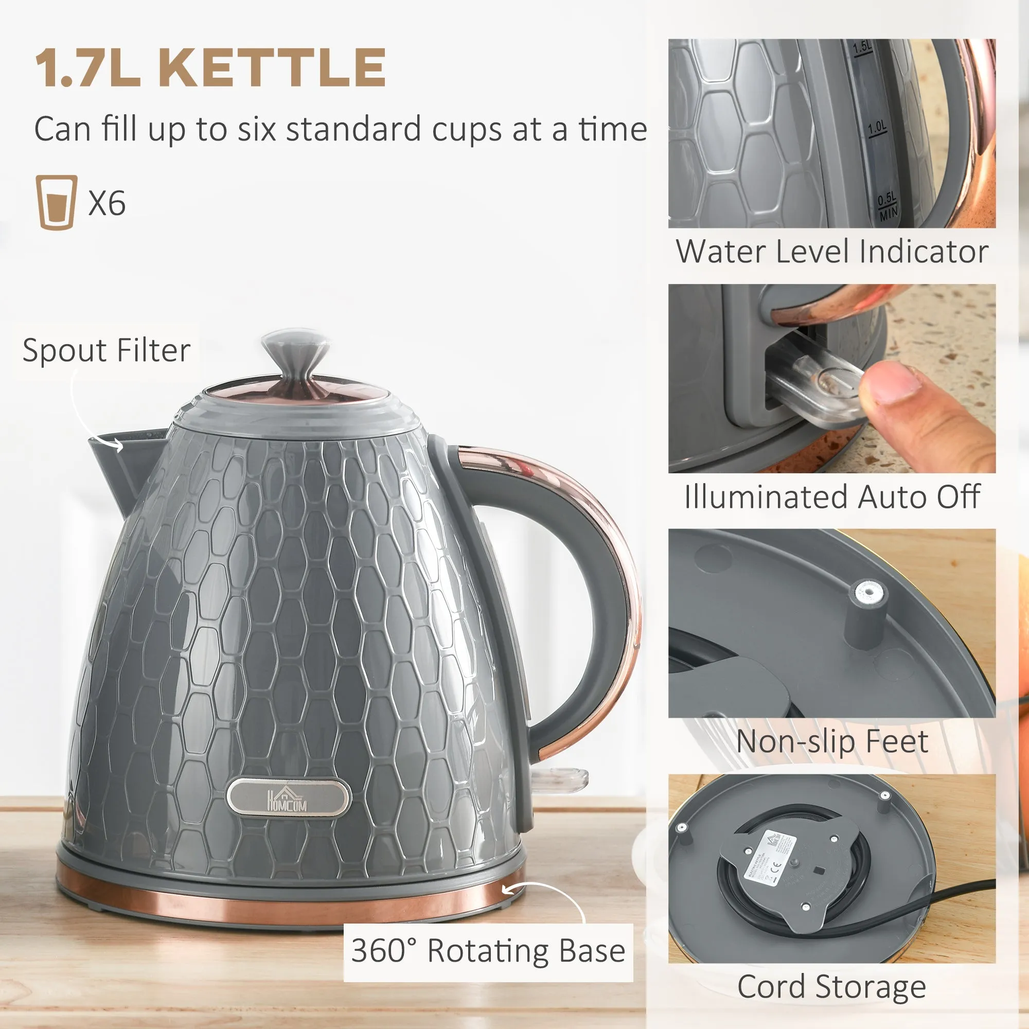 1.7L 3000W Fast Boil Kettle & 2 Slice Toaster Set, Kettle and Toaster Set with Auto Shut Off, Browning Controls, Grey