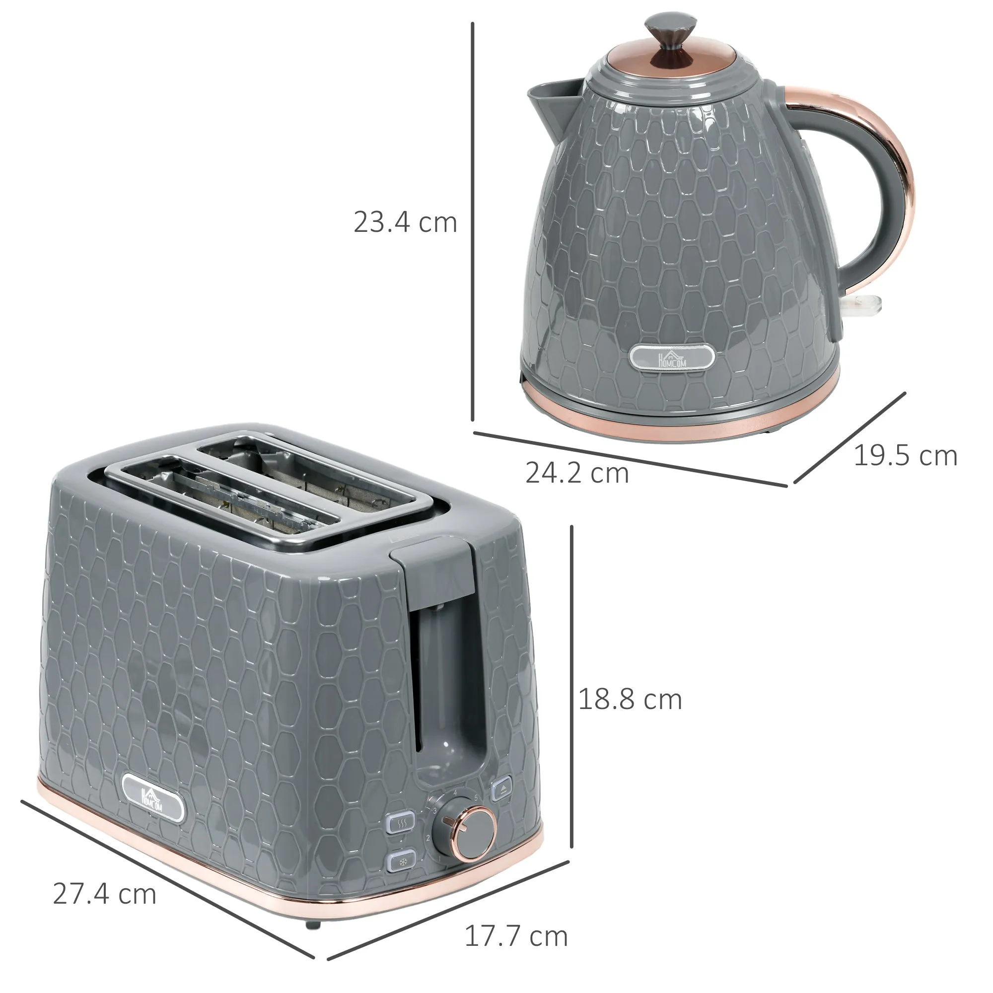 1.7L 3000W Fast Boil Kettle & 2 Slice Toaster Set, Kettle and Toaster Set with Auto Shut Off, Browning Controls, Grey