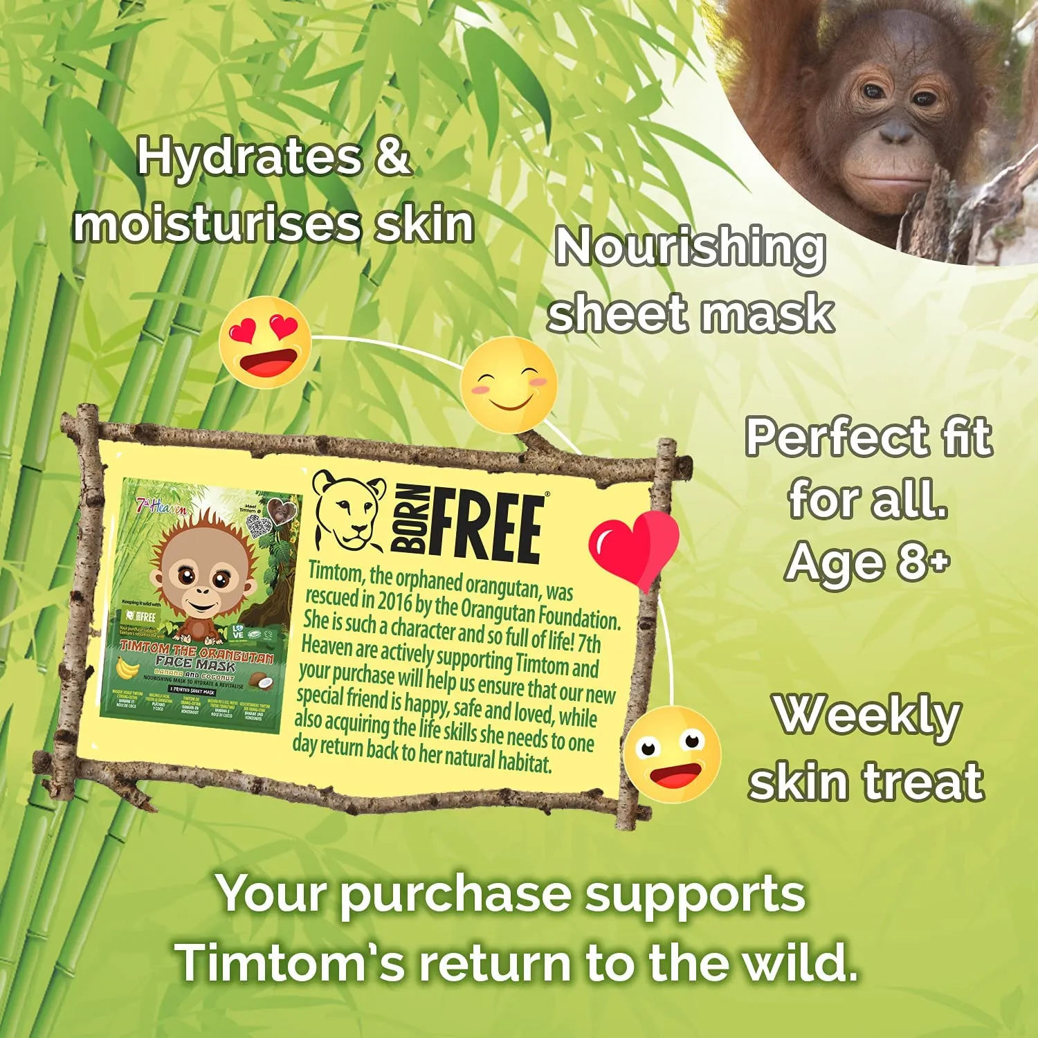 7th Heaven Face Food Born Free TimTom Orangutan Sheet Mask enriched with Banana and Coconut to Nourish, Hydrate and Revitalise your Skin