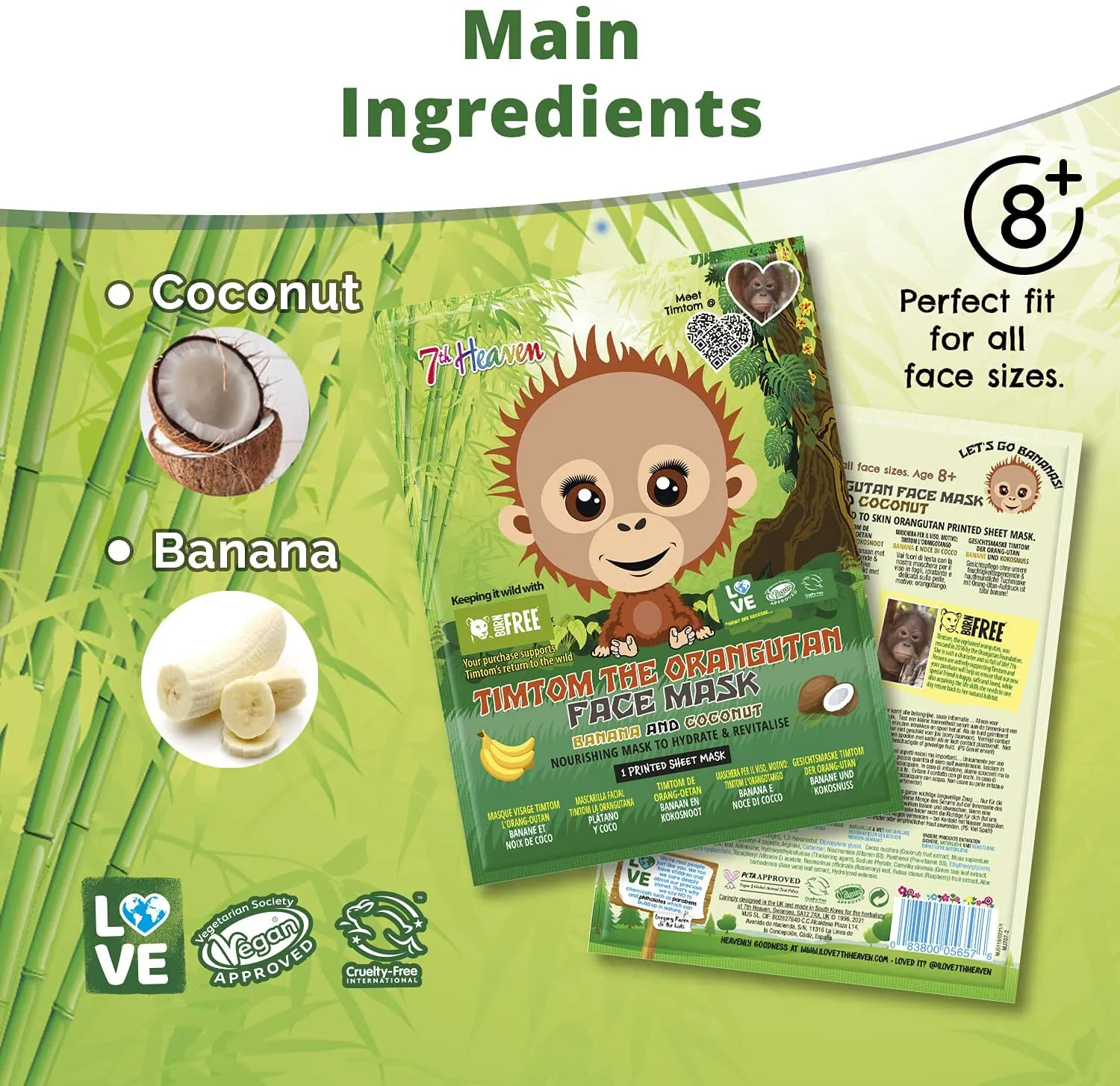 7th Heaven Face Food Born Free TimTom Orangutan Sheet Mask enriched with Banana and Coconut to Nourish, Hydrate and Revitalise your Skin