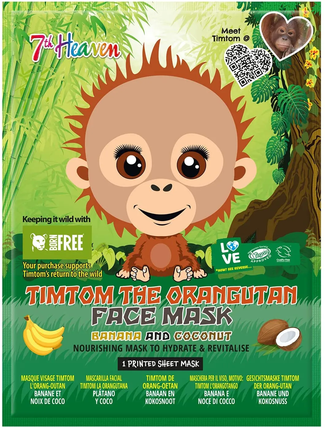 7th Heaven Face Food Born Free TimTom Orangutan Sheet Mask enriched with Banana and Coconut to Nourish, Hydrate and Revitalise your Skin