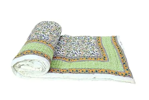 AARMOZY Single Bed Jaipuri Razai Reversible Cotton Green Blanket AC Quilt - Traditional Rajasthani Comforter for Soft and Cozy Sleep