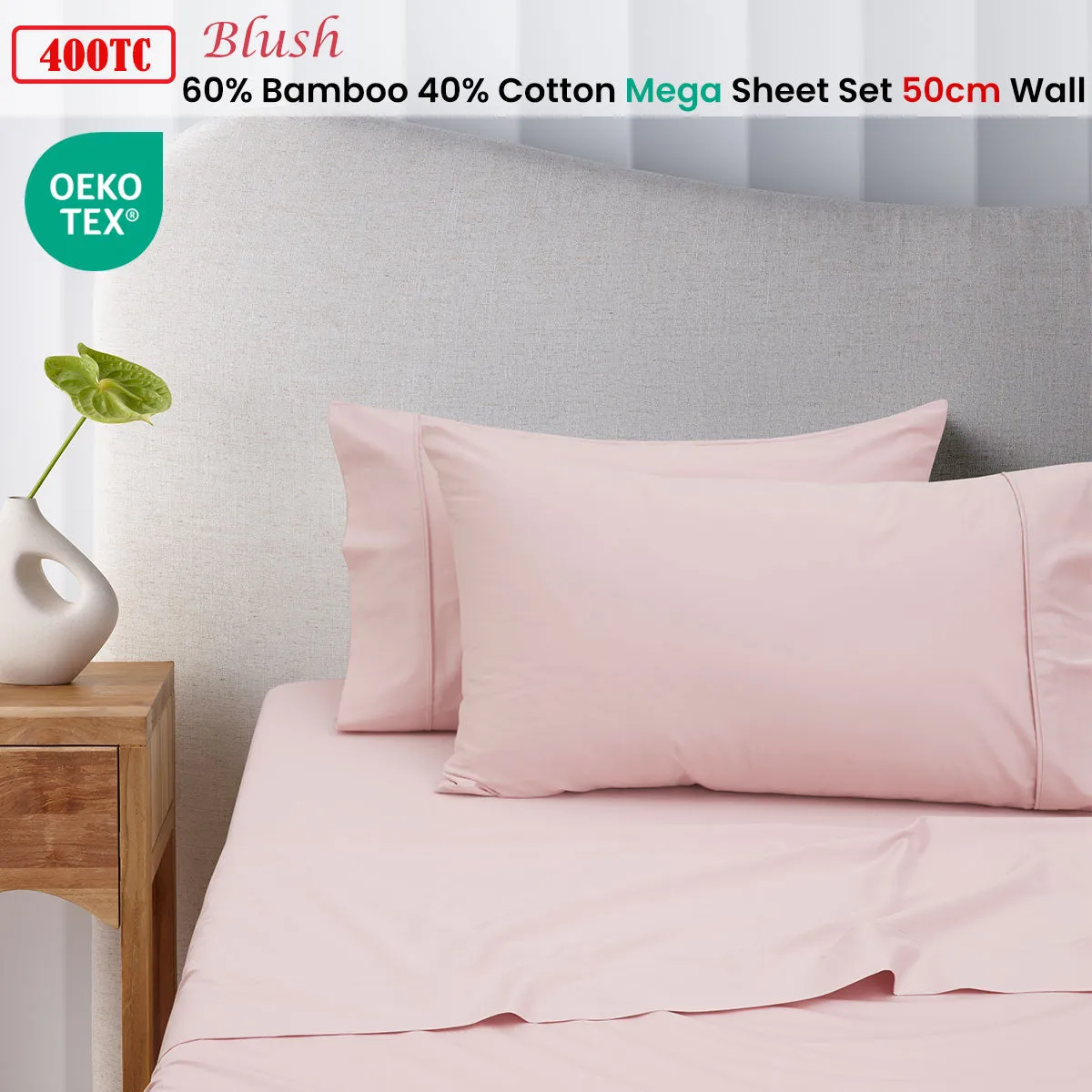 Accessorize 400TC Blush Bamboo Cotton Mega / Super Sheet Set 50cm Wall Super King