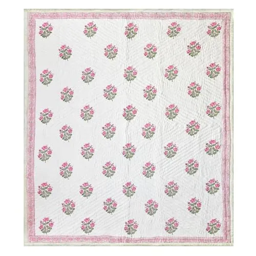 Ahnef Furnishing Original Pure Cotton Jaipuri Razai Hand Block Pink Flower Green Tree Print Reversible Comforter Lightweight AC Quilt Summer and Winter Bedding Bed Blanket Double Bed 90X108