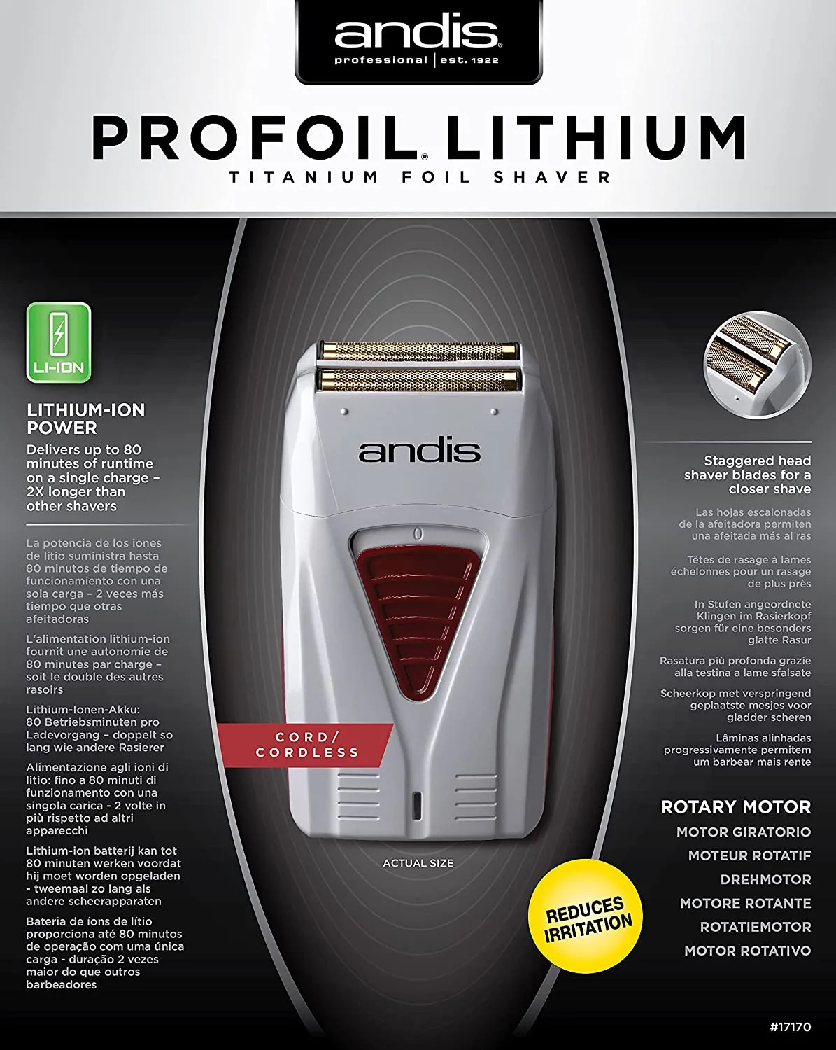 Andis 17150(TS-1) Pro Foil Lithium Titanium Foil Shaver, Cord/Cordless, Gray Pro Foil Shaver