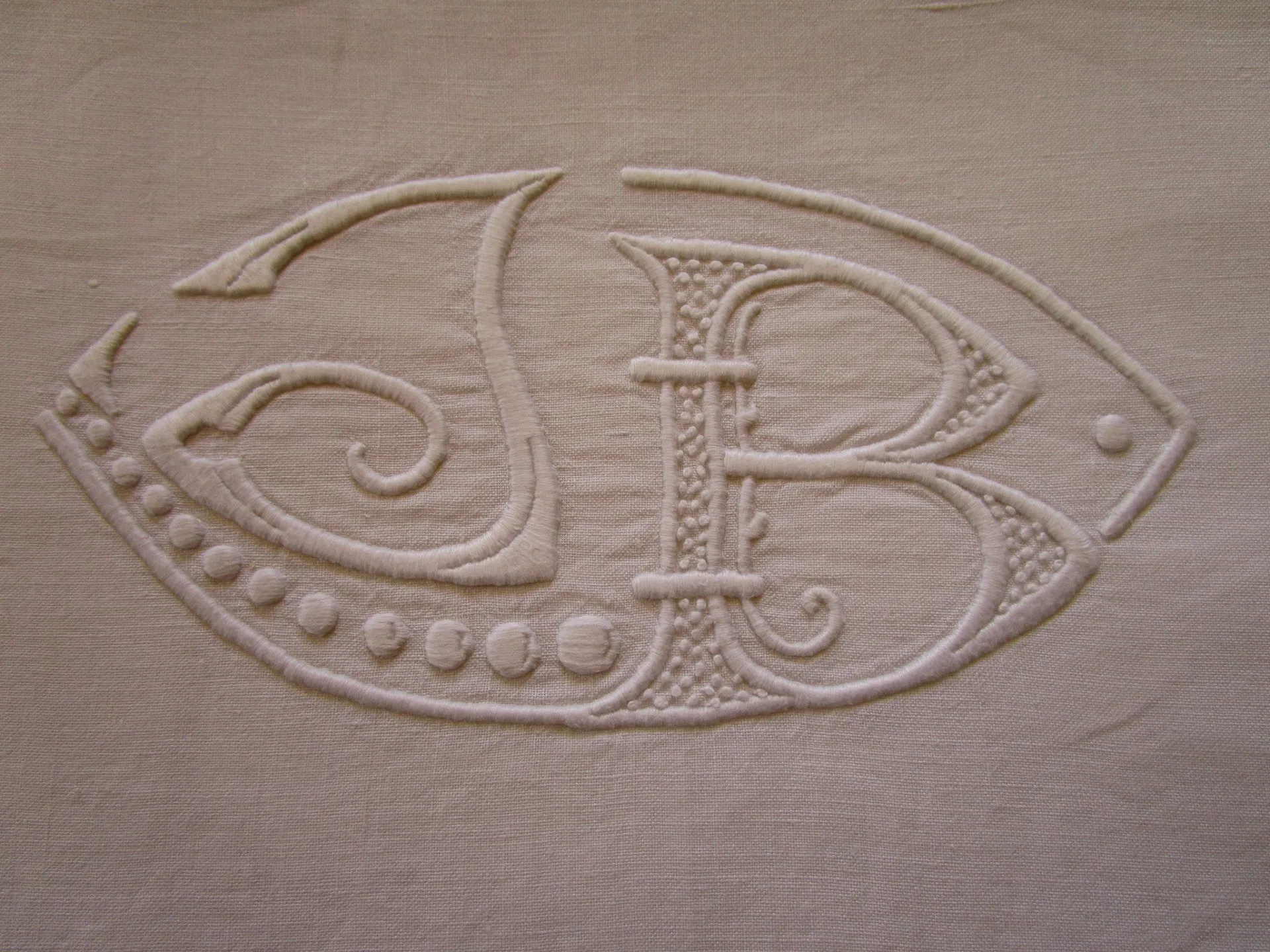 Antique French linen bed sheet - JB monogram