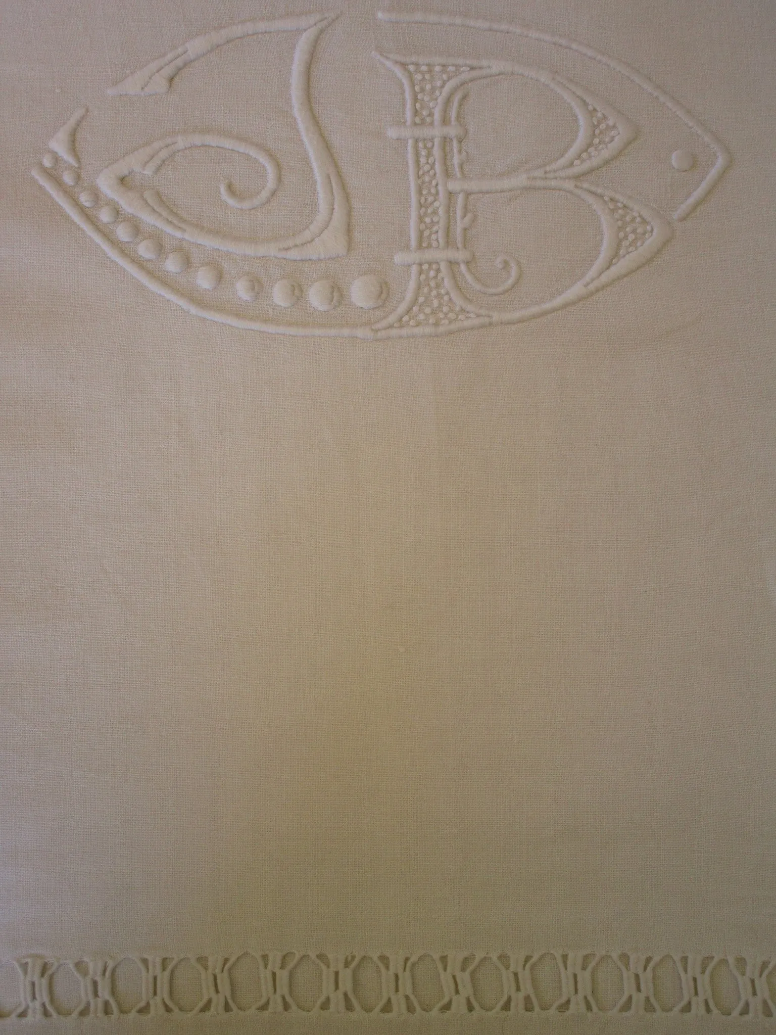 Antique French linen bed sheet - JB monogram