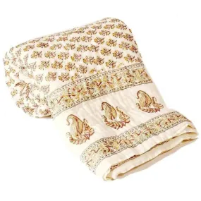 aqrate Cotton Sanganeri Hand Block Printed Double Bed Cream Quilt Blanket/Jaipuri Razai's for Home