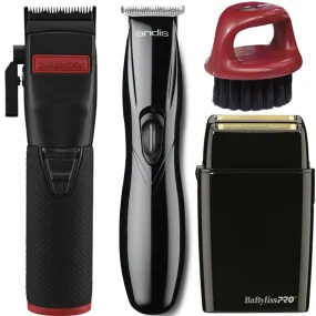 BaByliss Pro FX870RI BOOST  Influencer Collection Cordless Clipper - Red   Andis T-blade Trimmer   BaByliss PRO Double Foil Shaver & Brush