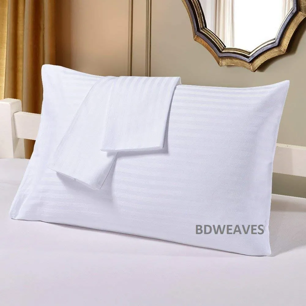 BDWEAVES Satin Stripe Cotton Double Bedsheet With 2 Pillow Covers (White, 90" X 108"), 300 TC