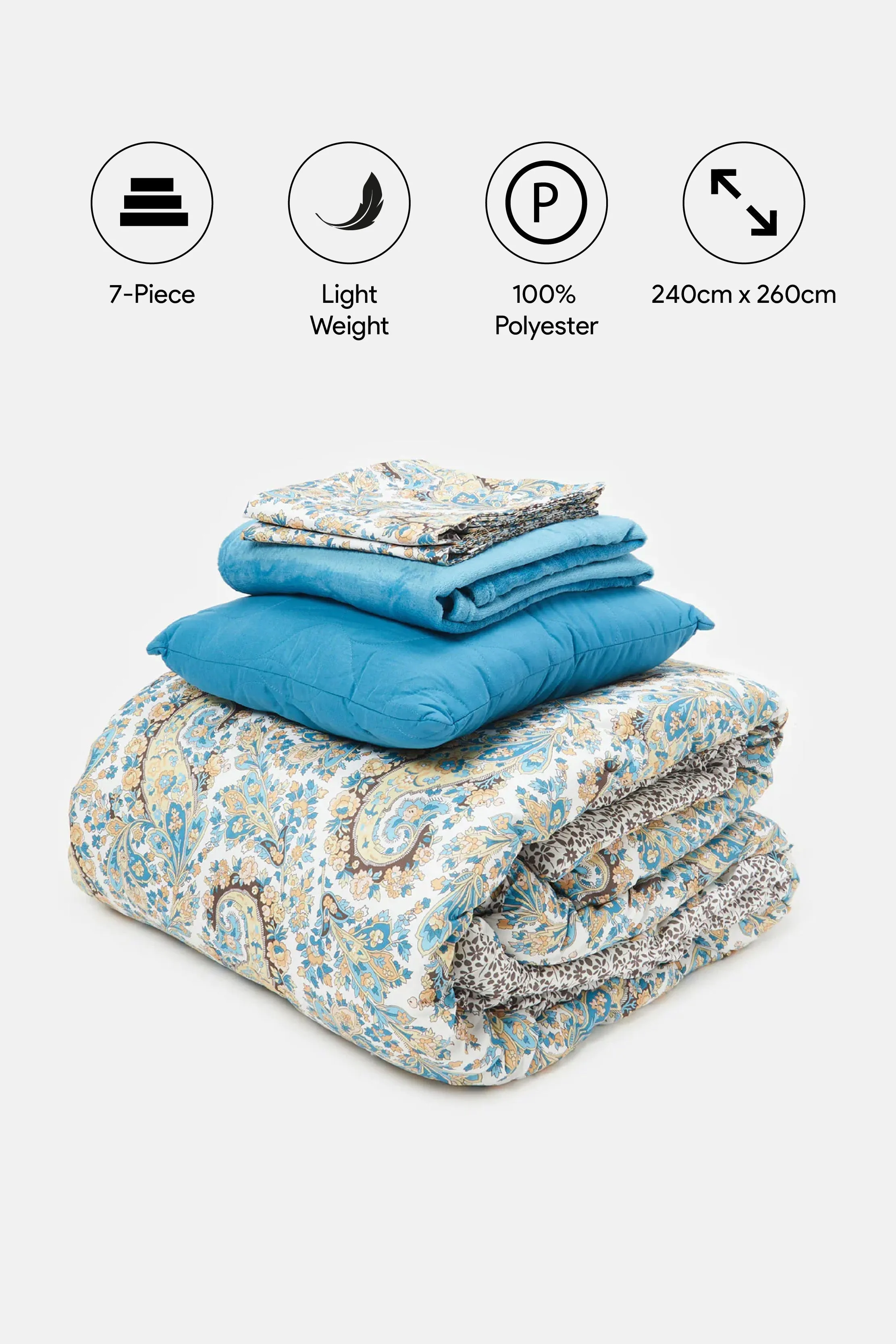 Beige And Blue Paisley Printed Comforter 5 Piece Set (King Size)