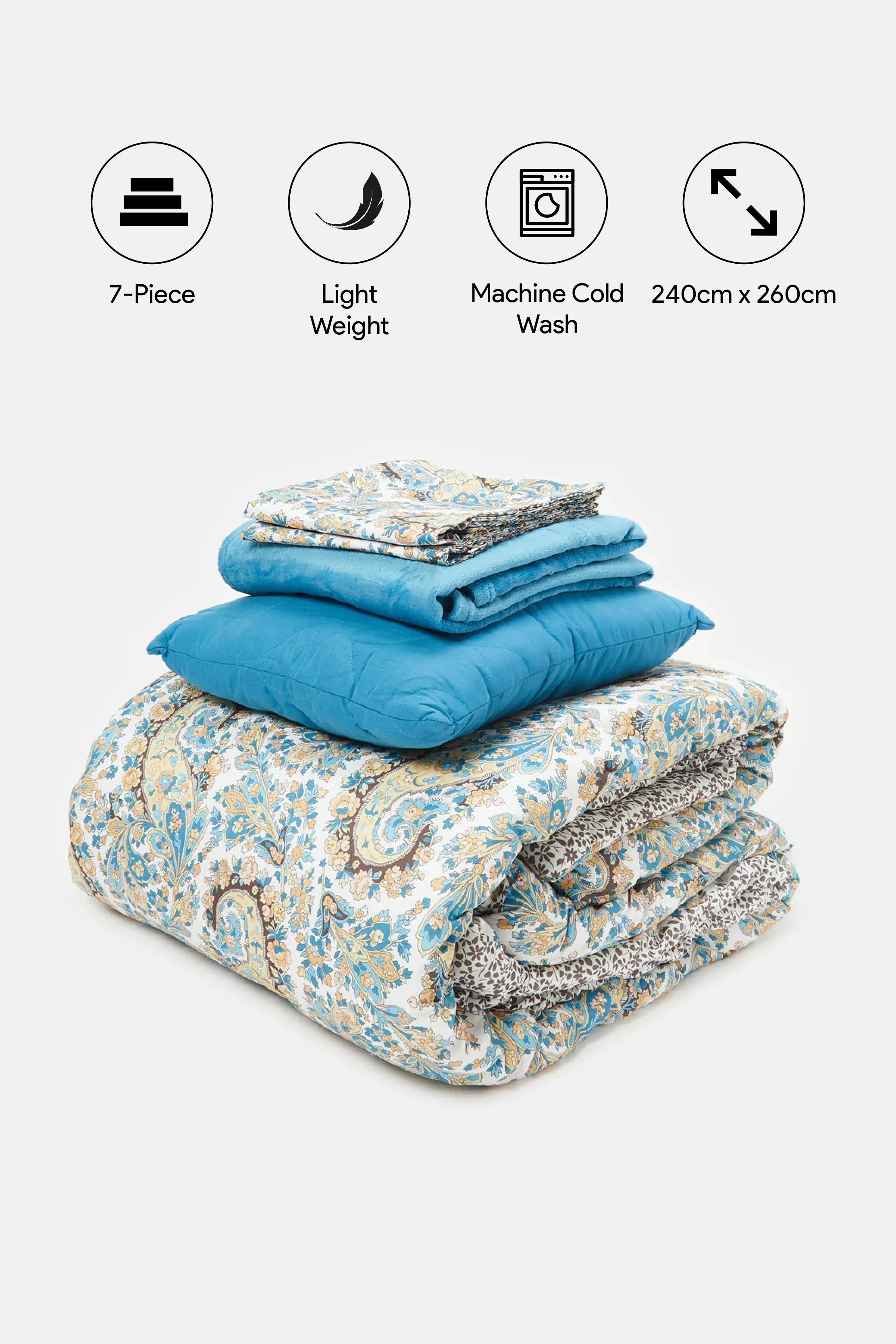 Beige And Blue Paisley Printed Comforter 5 Piece Set (King Size)