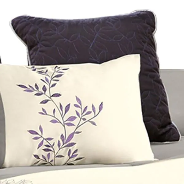 Benzara 7 Piece King Polyester Comforter Set with Leaf Embroidery, Gray and Purple