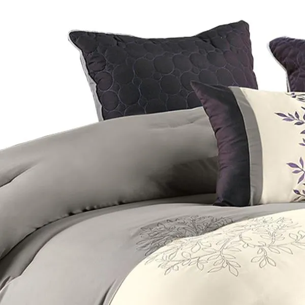 Benzara 7 Piece King Polyester Comforter Set with Leaf Embroidery, Gray and Purple