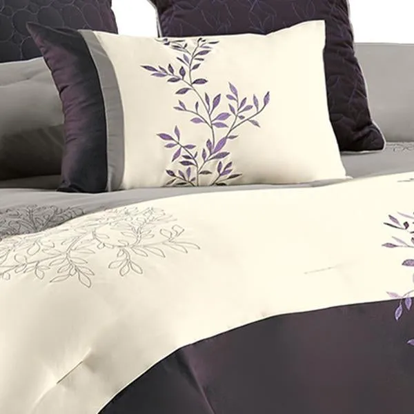 Benzara 7 Piece King Polyester Comforter Set with Leaf Embroidery, Gray and Purple