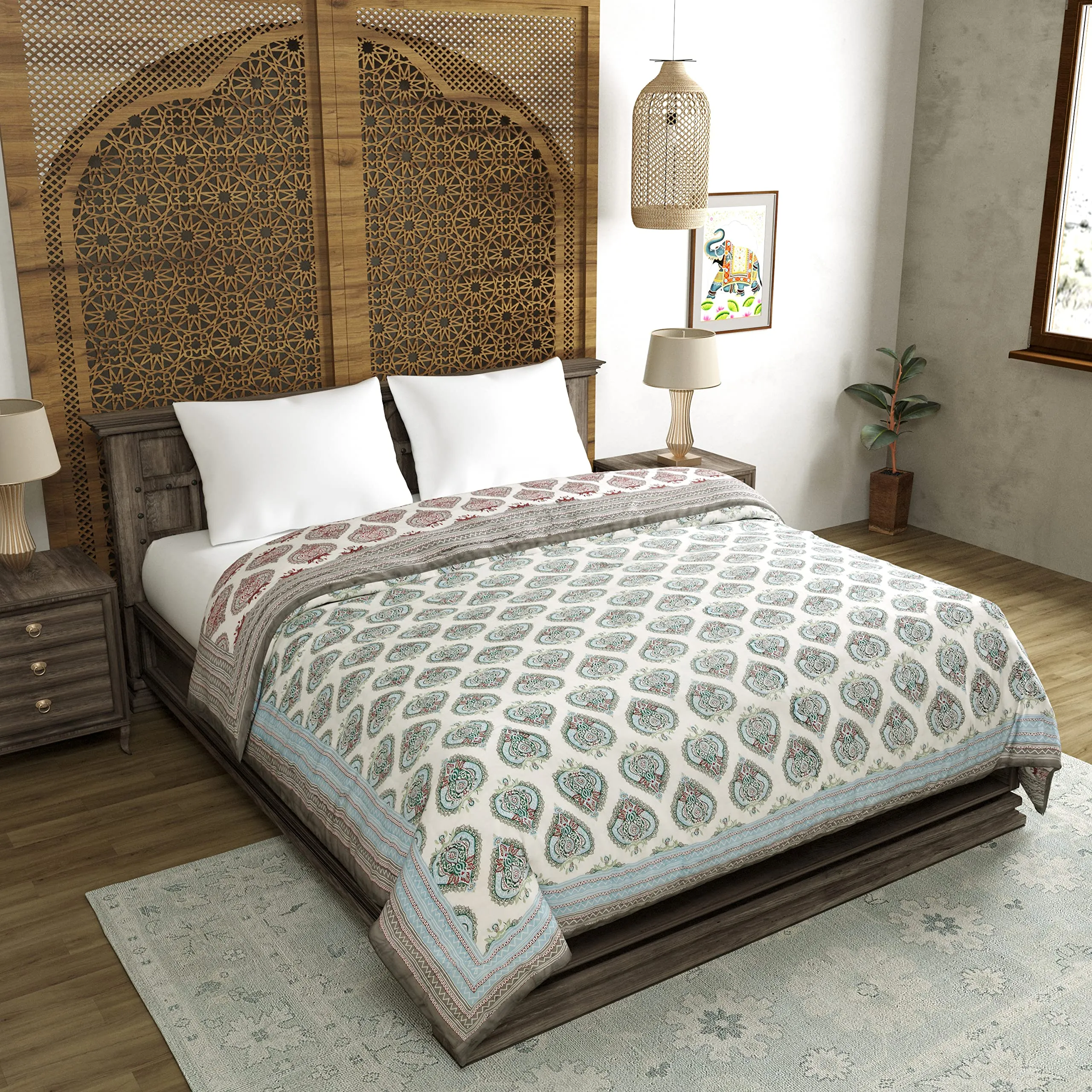 BLOCKS OF INDIA Hand Block Printed Cotton King Size Quilt (90 Inch X 108 Inch) (King Quilt Grey Motifs), 300 TC