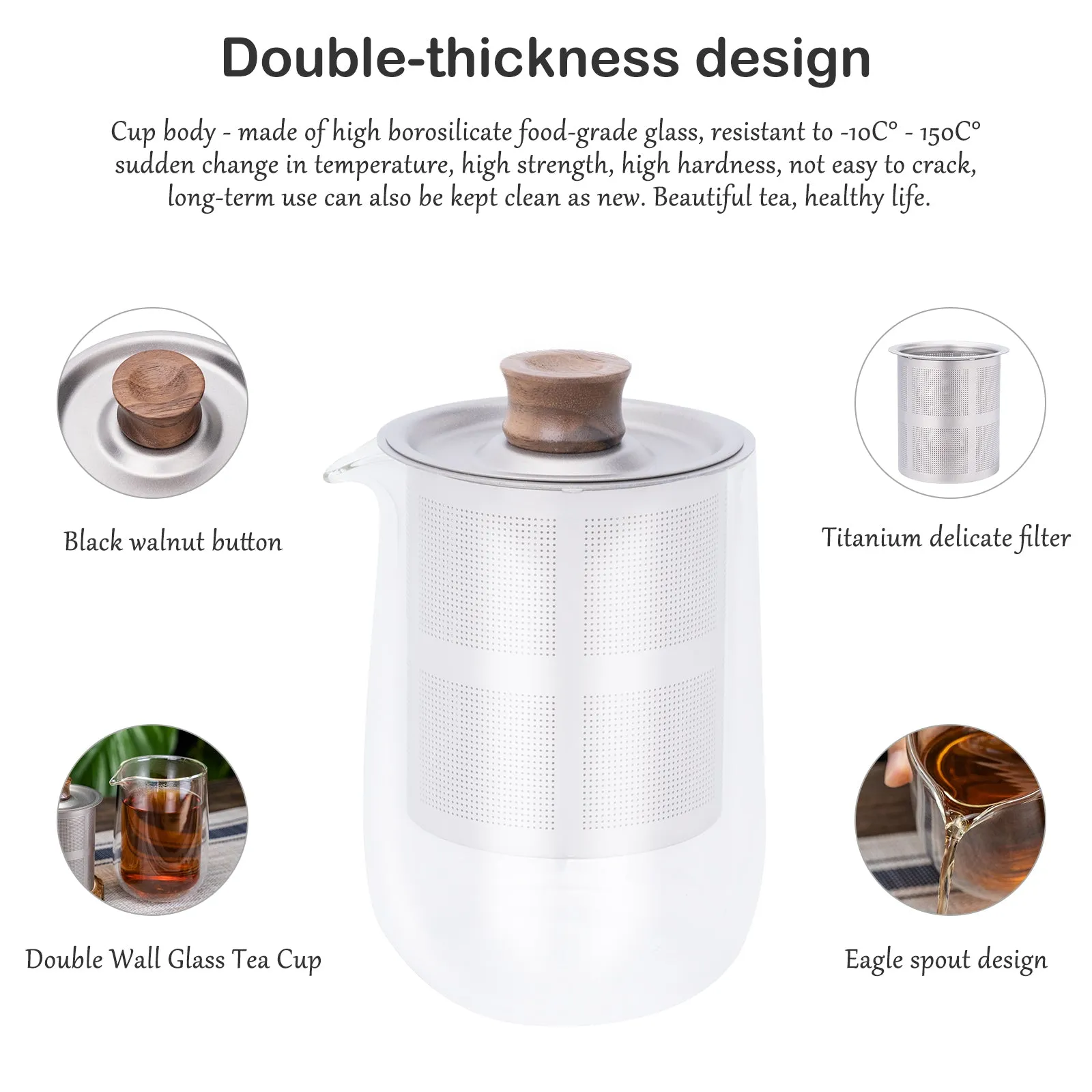 Boundless Voyage Double Wall Glass Tea Cup 250ml with Titanium Filter Lid Anti-scalding Coffee Mug Tea Maker for Camping Office Traveling Home Use