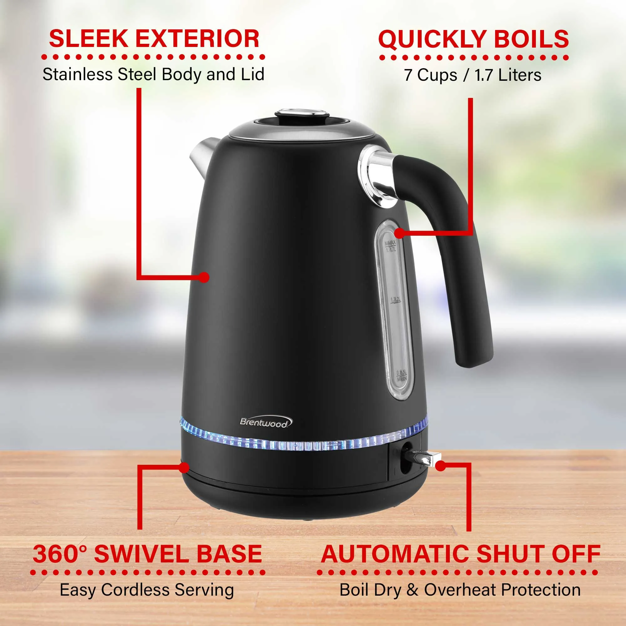 Brentwood KT-1792BK 1500W 1.7L Cordless Electric Stainless Steel Kettle