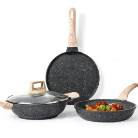 CAROTE Non Stick Set Combo, Nonstick Cookware Set, Induction&Gas Pan Set, Kitchen Set for Home, Cooking Set of 3 (24CM/1.6L Granite Frying Pan 28CM Dosa Tawa 28CM/3.8L Kadai)