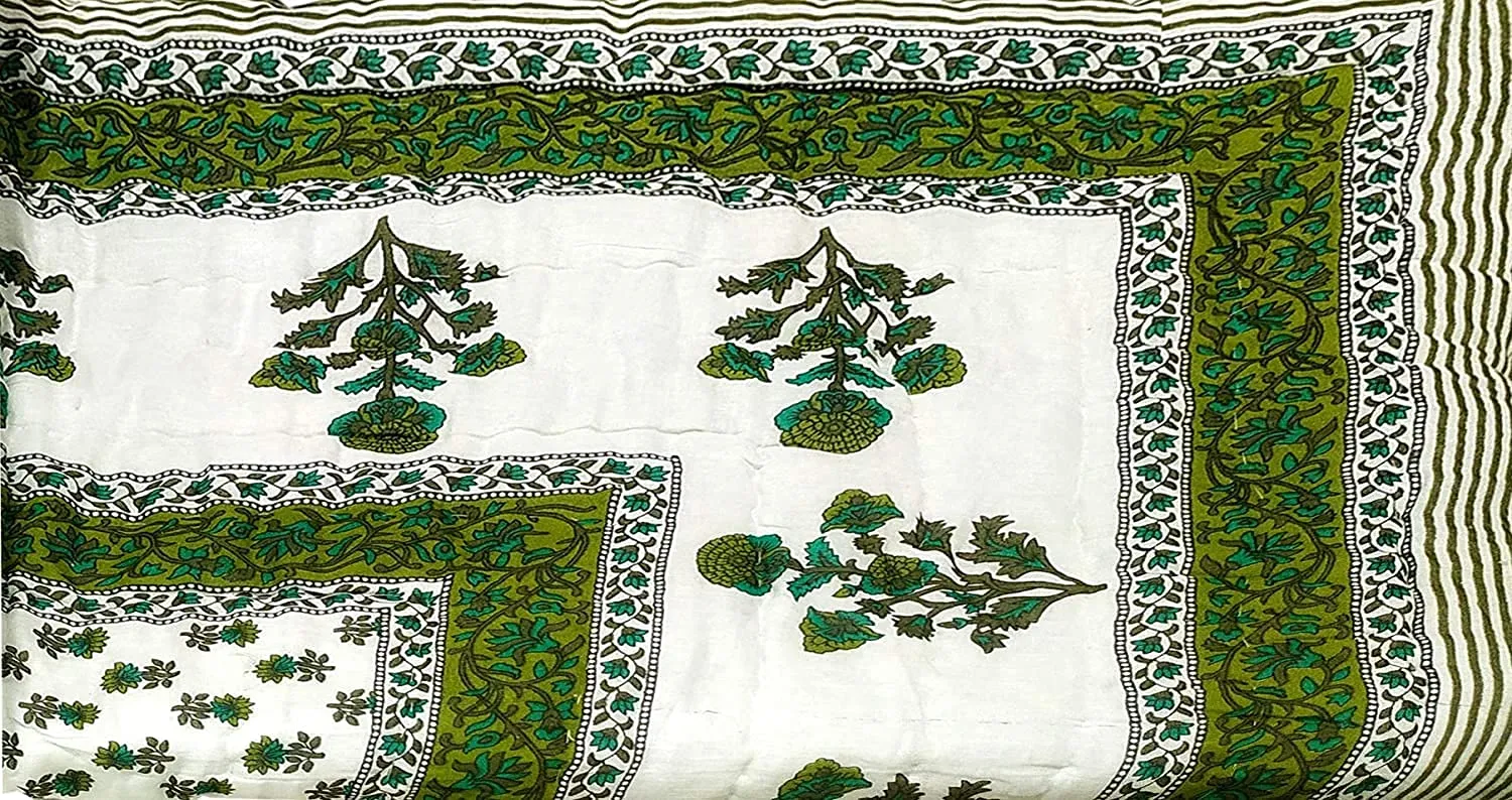 Chhaarodiya Rajasthani Traditional Cotton razai/rajai/ac Blanket with sanganeri Green booti Print Double Bed Jaipuri Quilt Blanket with Boarded Pattern Green and Off White 85 x 100