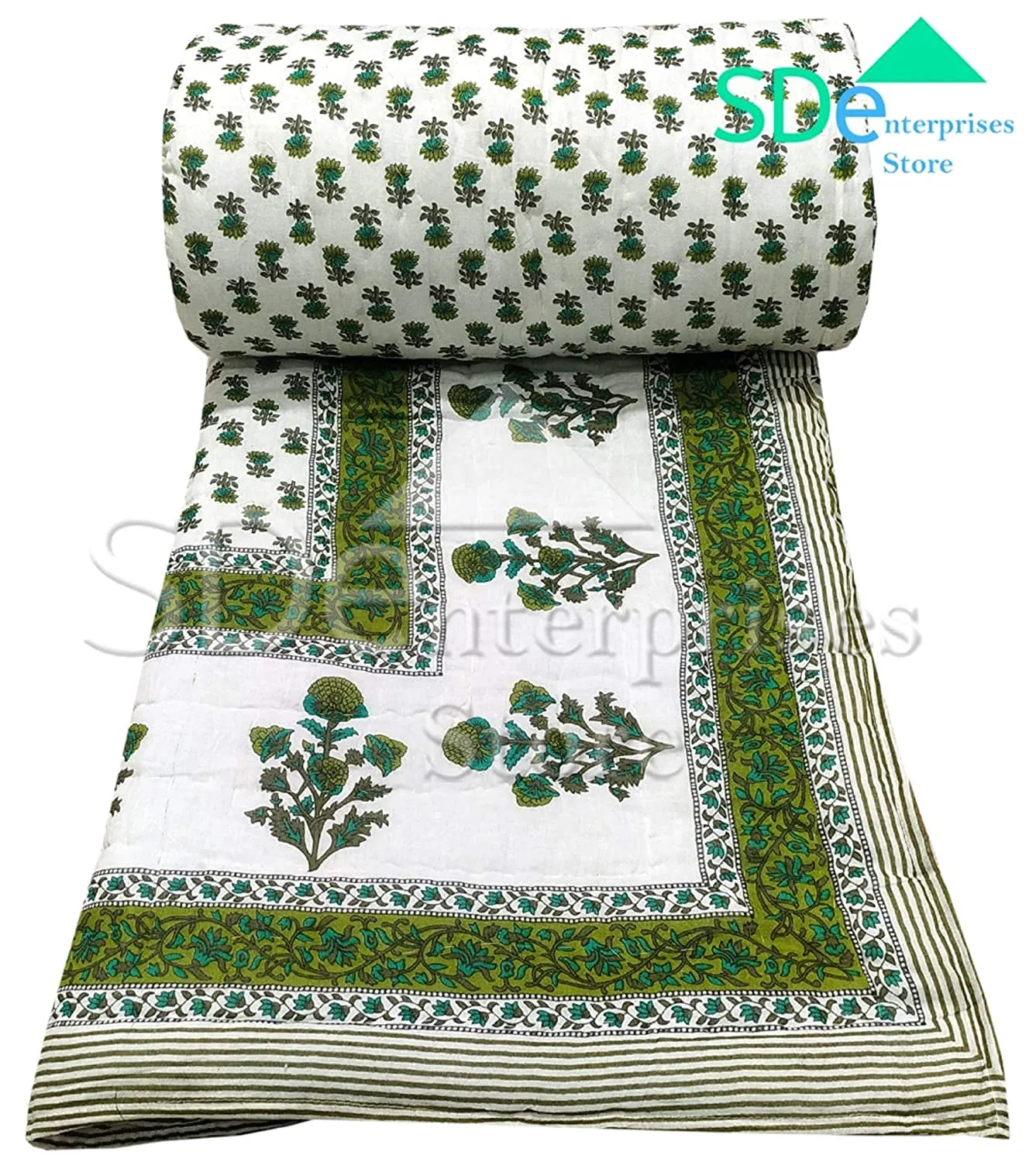 Chhaarodiya Rajasthani Traditional Cotton razai/rajai/ac Blanket with sanganeri Green booti Print Double Bed Jaipuri Quilt Blanket with Boarded Pattern Green and Off White 85 x 100