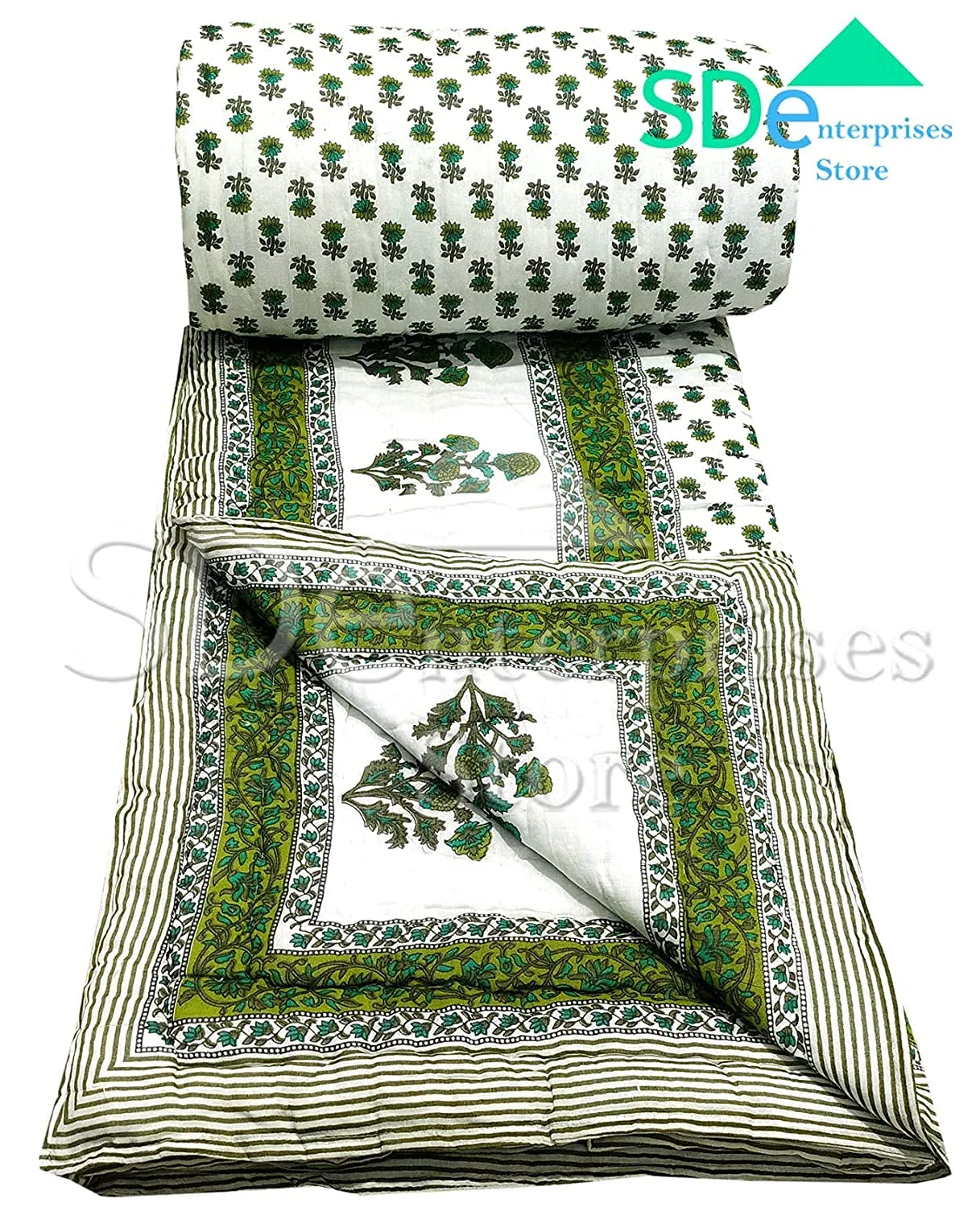 Chhaarodiya Rajasthani Traditional Cotton razai/rajai/ac Blanket with sanganeri Green booti Print Double Bed Jaipuri Quilt Blanket with Boarded Pattern Green and Off White 85 x 100