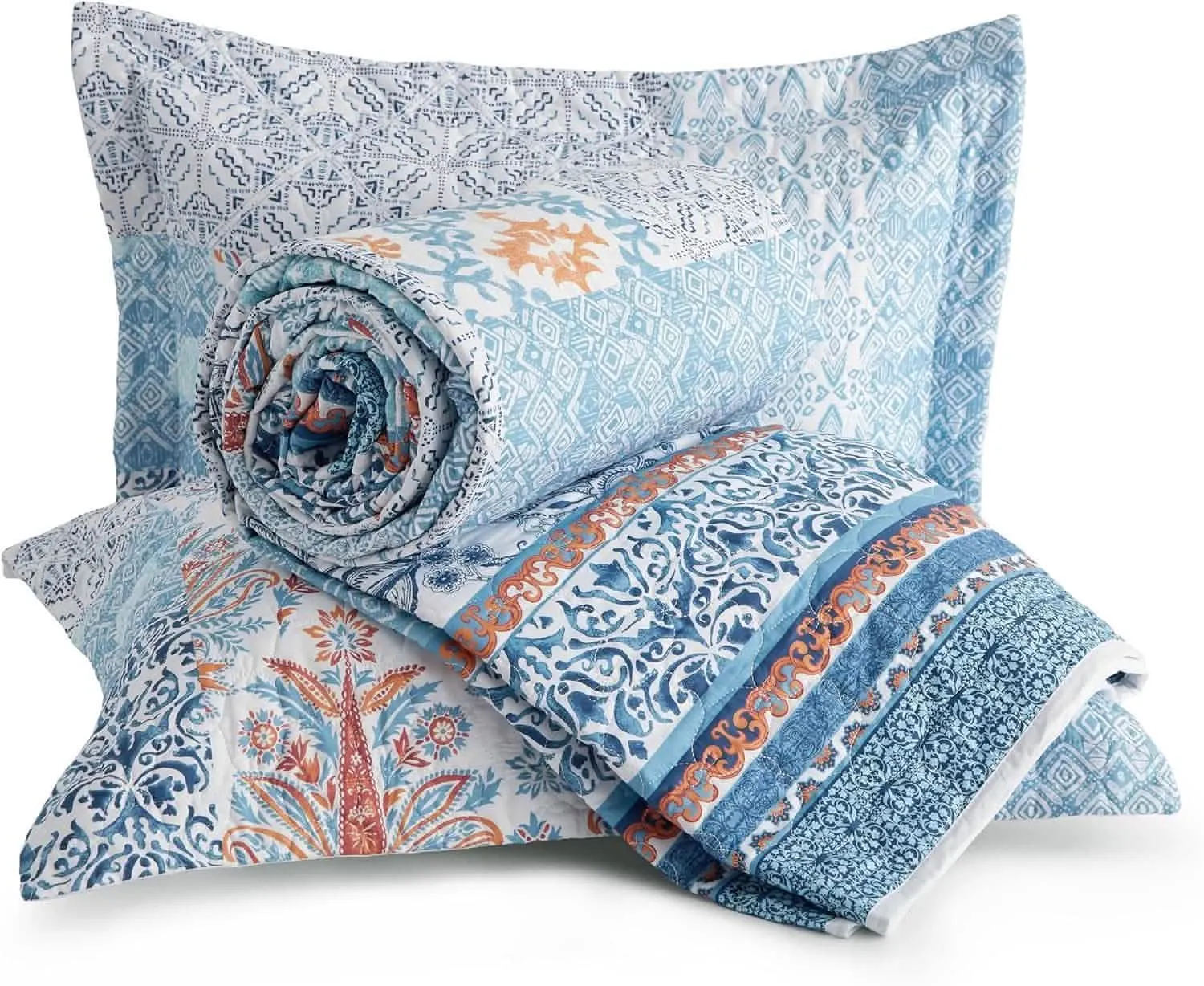 Cotton Patterned Light Blue Quilt Set