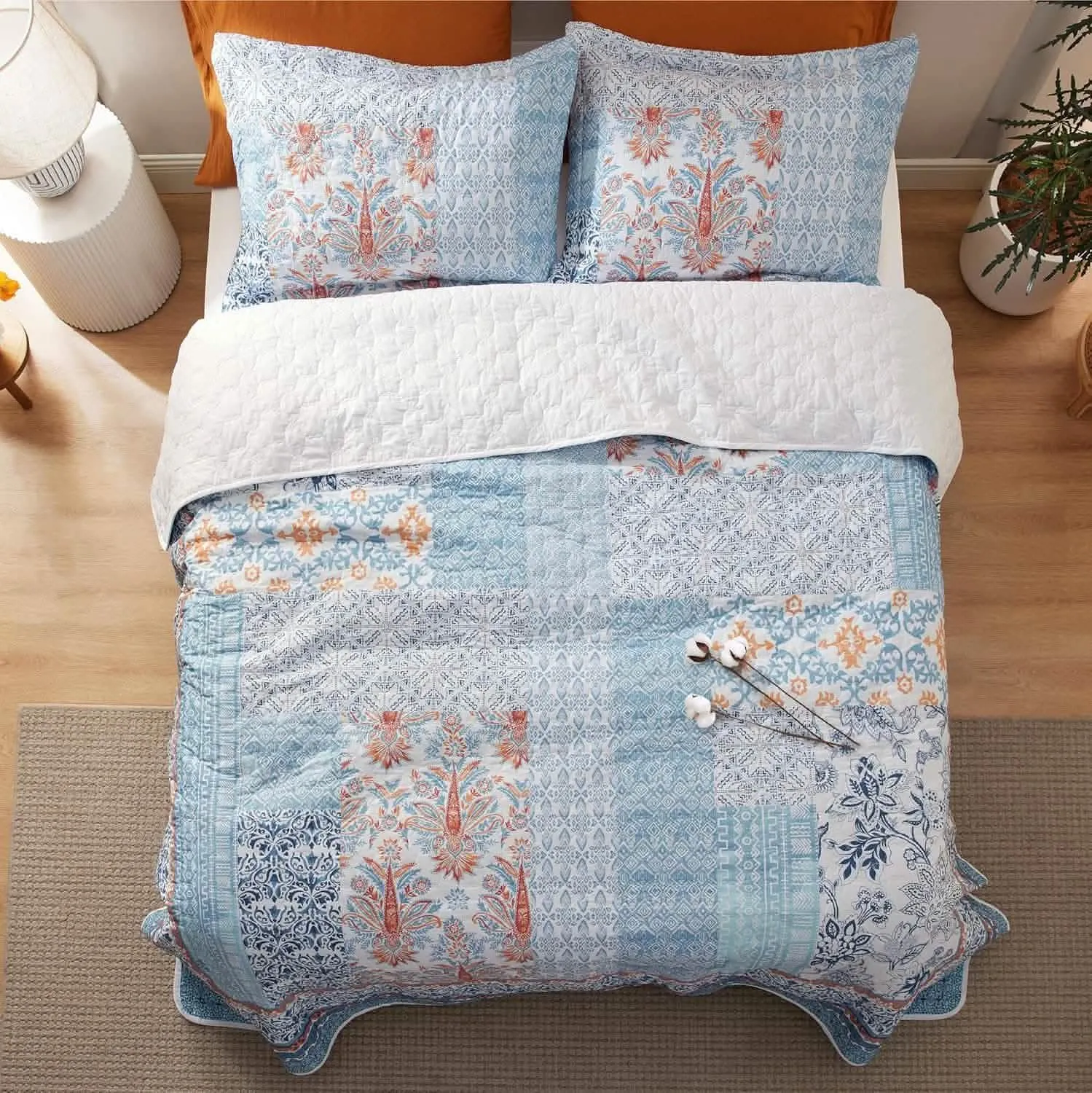 Cotton Patterned Light Blue Quilt Set