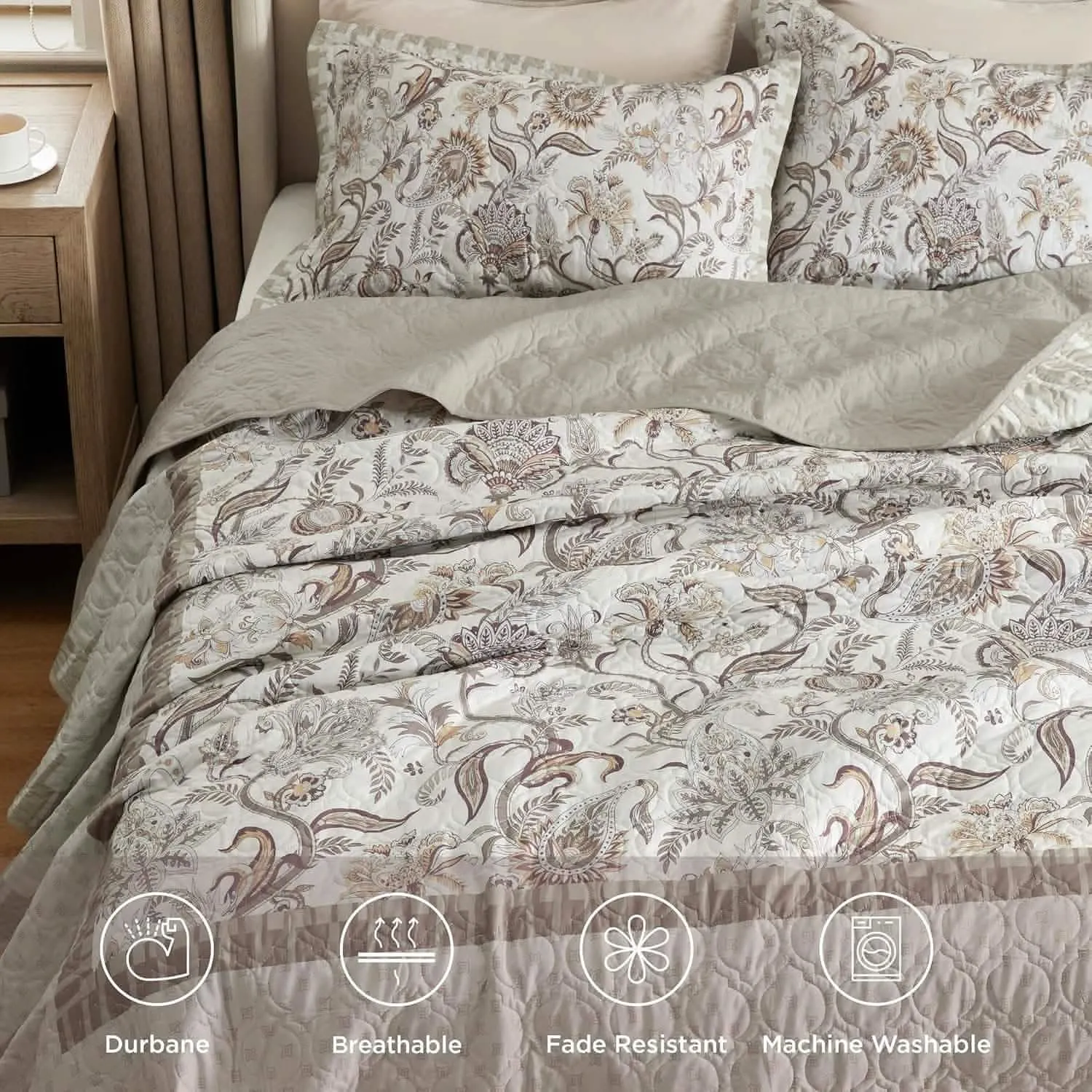 Cotton Patterned  Taupe Quilt Set