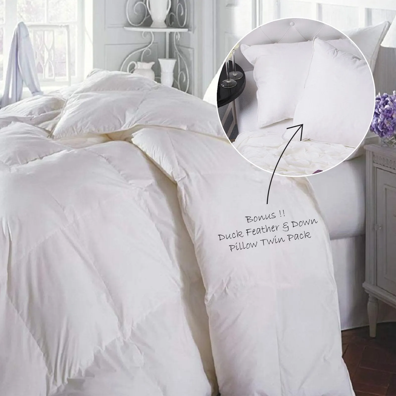 Duck Feather & Down Quilt 500GSM   Duck Feather and Down Pillows 2 Pack Combo Queen White