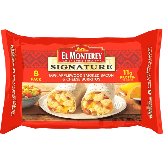 El Monterey Signature Egg, Applewood Smoked Bacon & Cheese Burritos 8 Ct, 36 oz (Frozen)