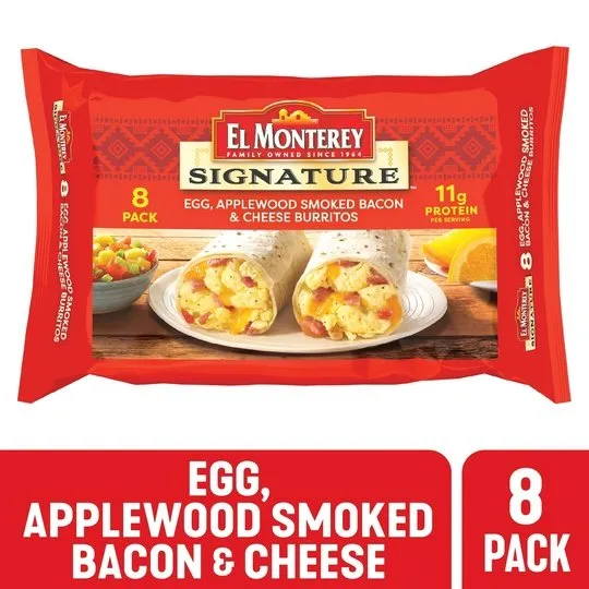 El Monterey Signature Egg, Applewood Smoked Bacon & Cheese Burritos 8 Ct, 36 oz (Frozen)