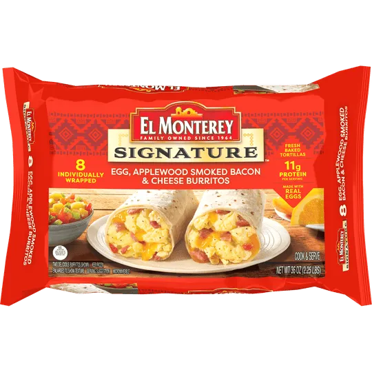 El Monterey Signature Egg, Applewood Smoked Bacon & Cheese Burritos 8 Ct, 36 oz (Frozen)