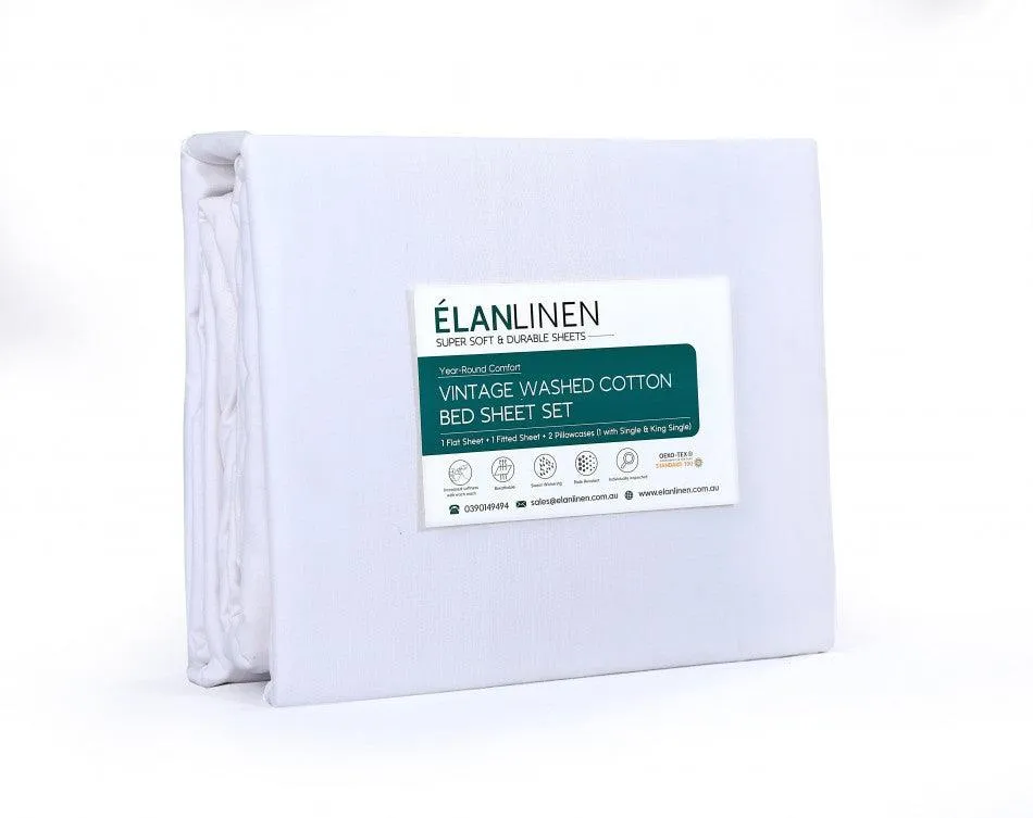 Elan Linen 100% Egyptian Cotton Vintage Washed 500TC White Single Bed Sheets Set