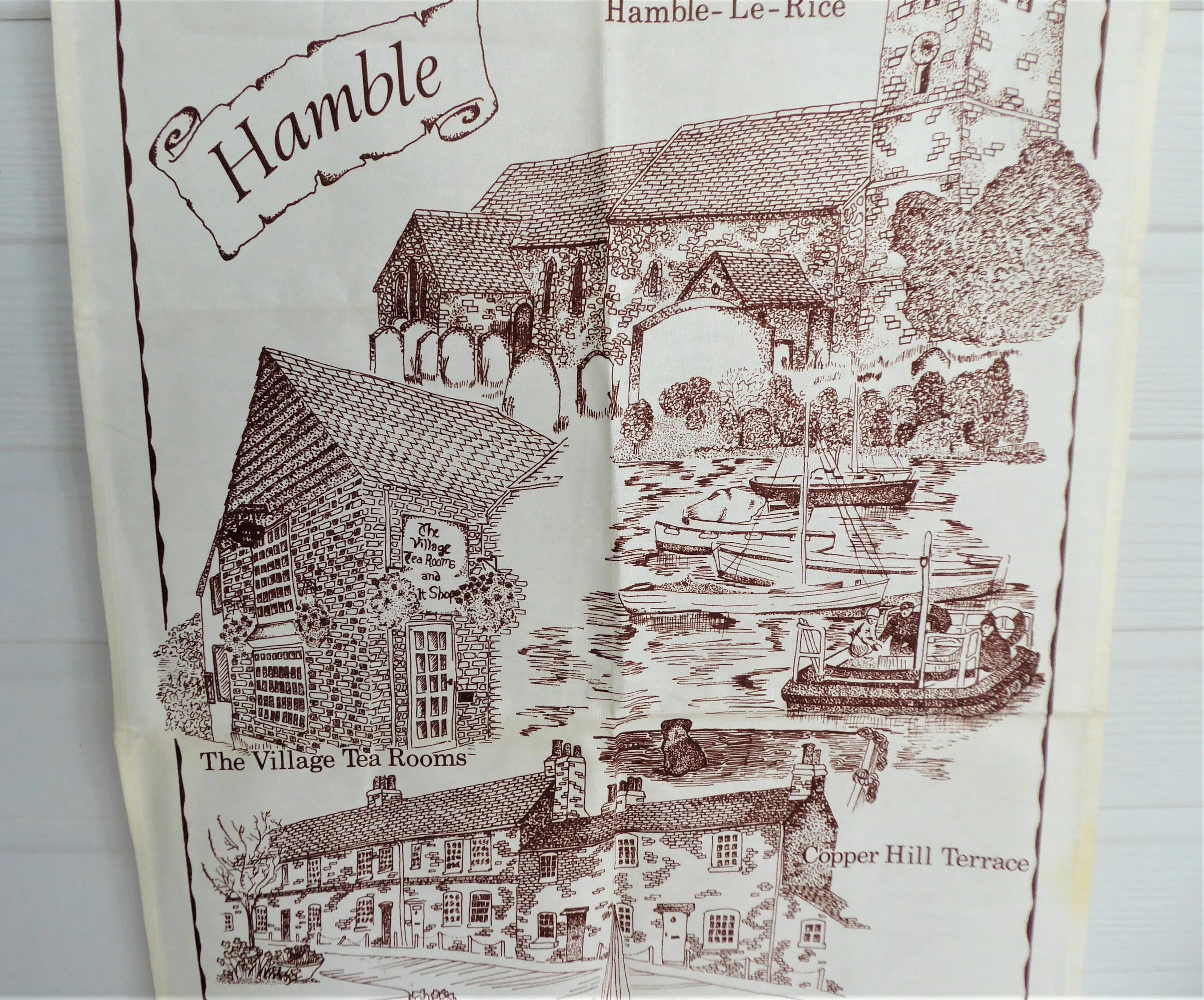 English Tea Towel Hamble Village Hampshire Brown On White Village Landmarks 1970s