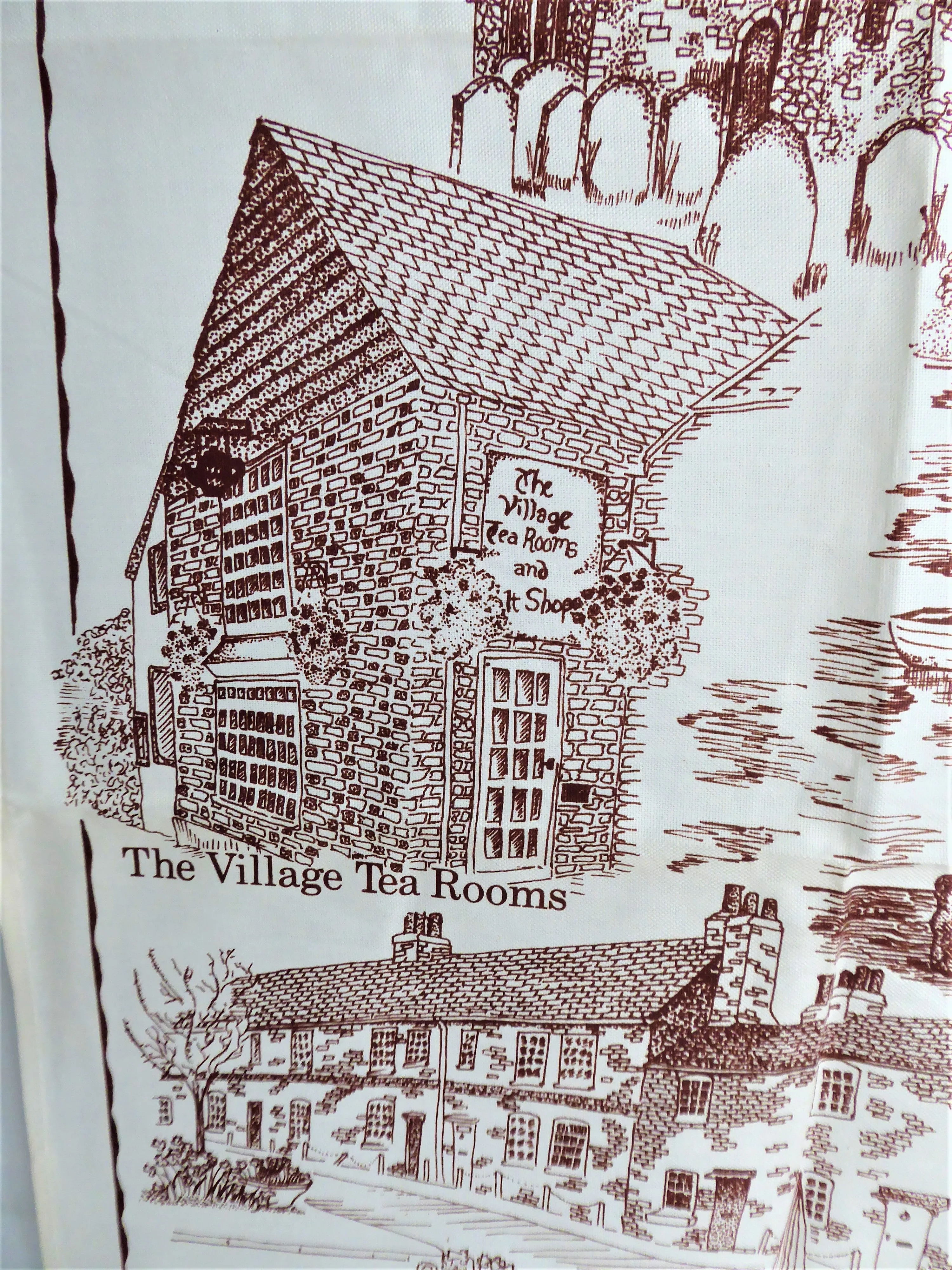 English Tea Towel Hamble Village Hampshire Brown On White Village Landmarks 1970s