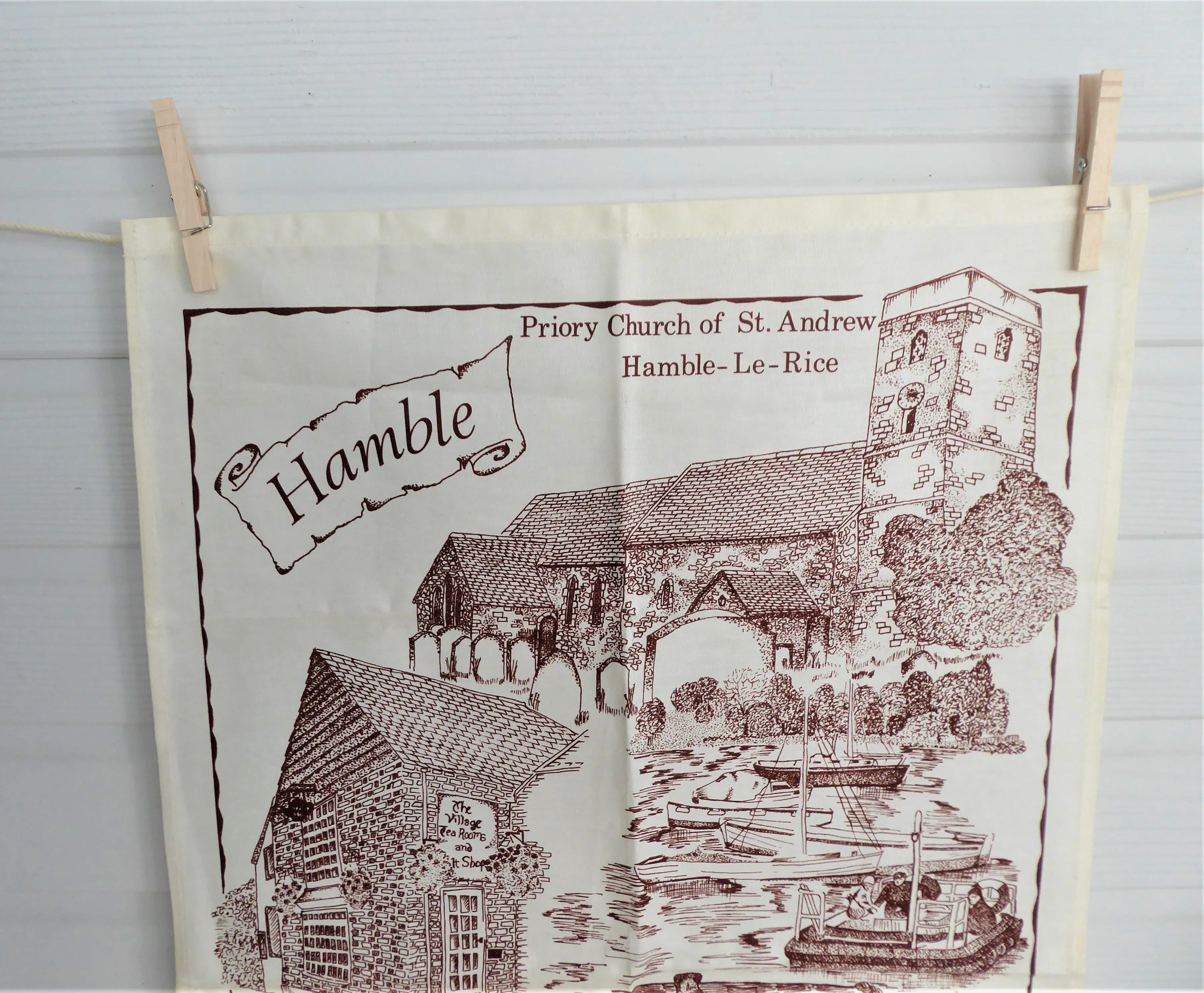 English Tea Towel Hamble Village Hampshire Brown On White Village Landmarks 1970s