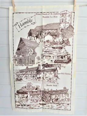 English Tea Towel Hamble Village Hampshire Brown On White Village Landmarks 1970s