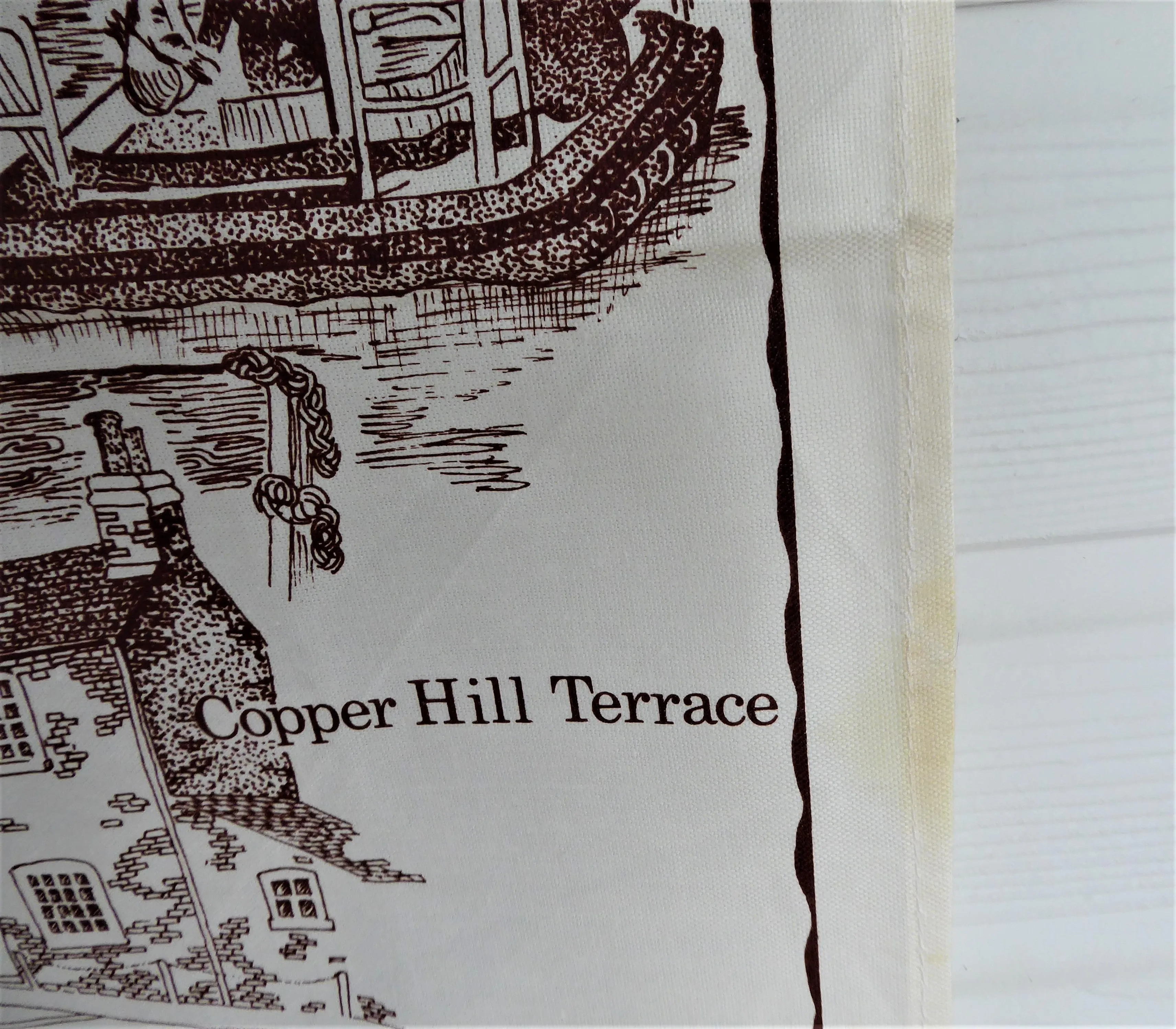 English Tea Towel Hamble Village Hampshire Brown On White Village Landmarks 1970s