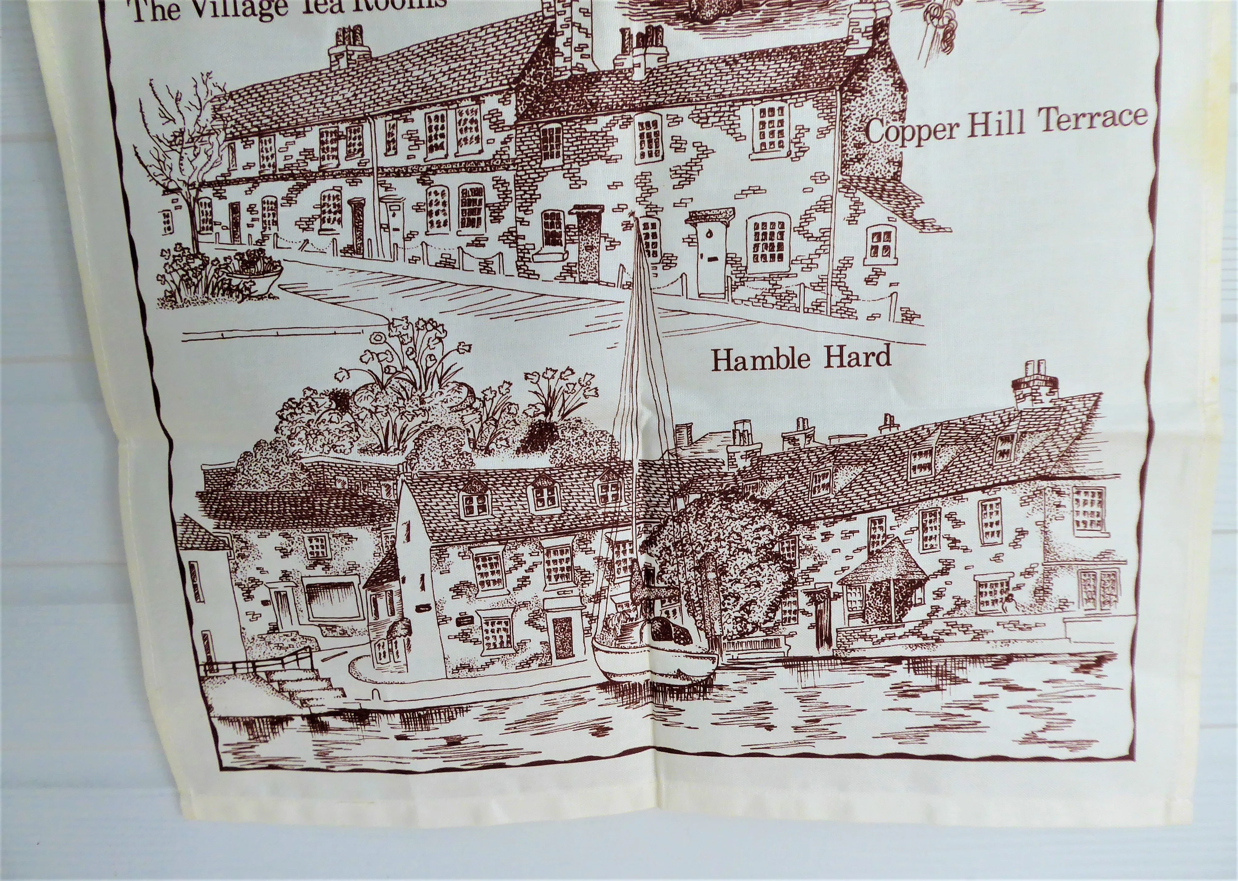 English Tea Towel Hamble Village Hampshire Brown On White Village Landmarks 1970s