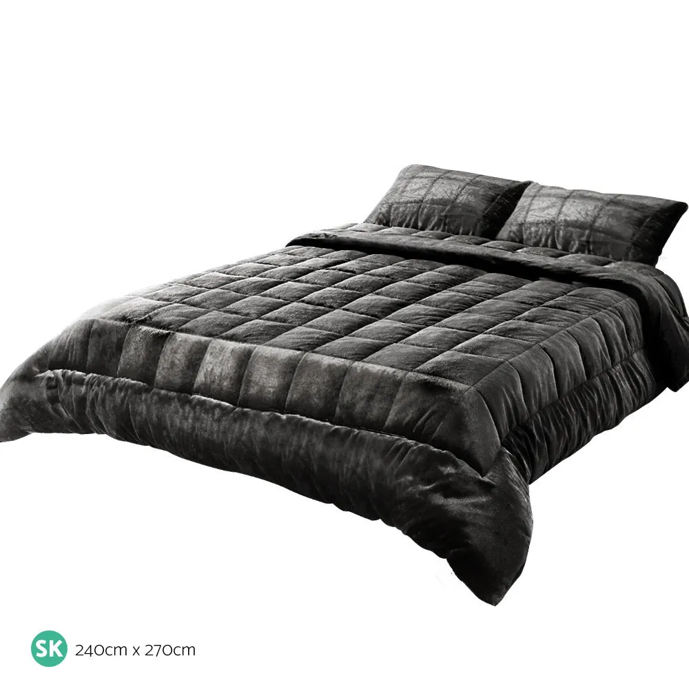 Faux Mink Quilt Comforter Fleece Throw Blanket Doona Charcoal Super King