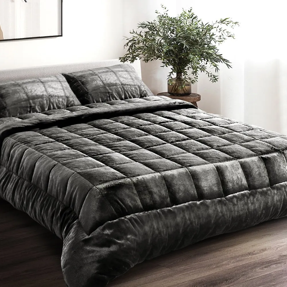 Faux Mink Quilt Comforter Fleece Throw Blanket Doona Charcoal Super King