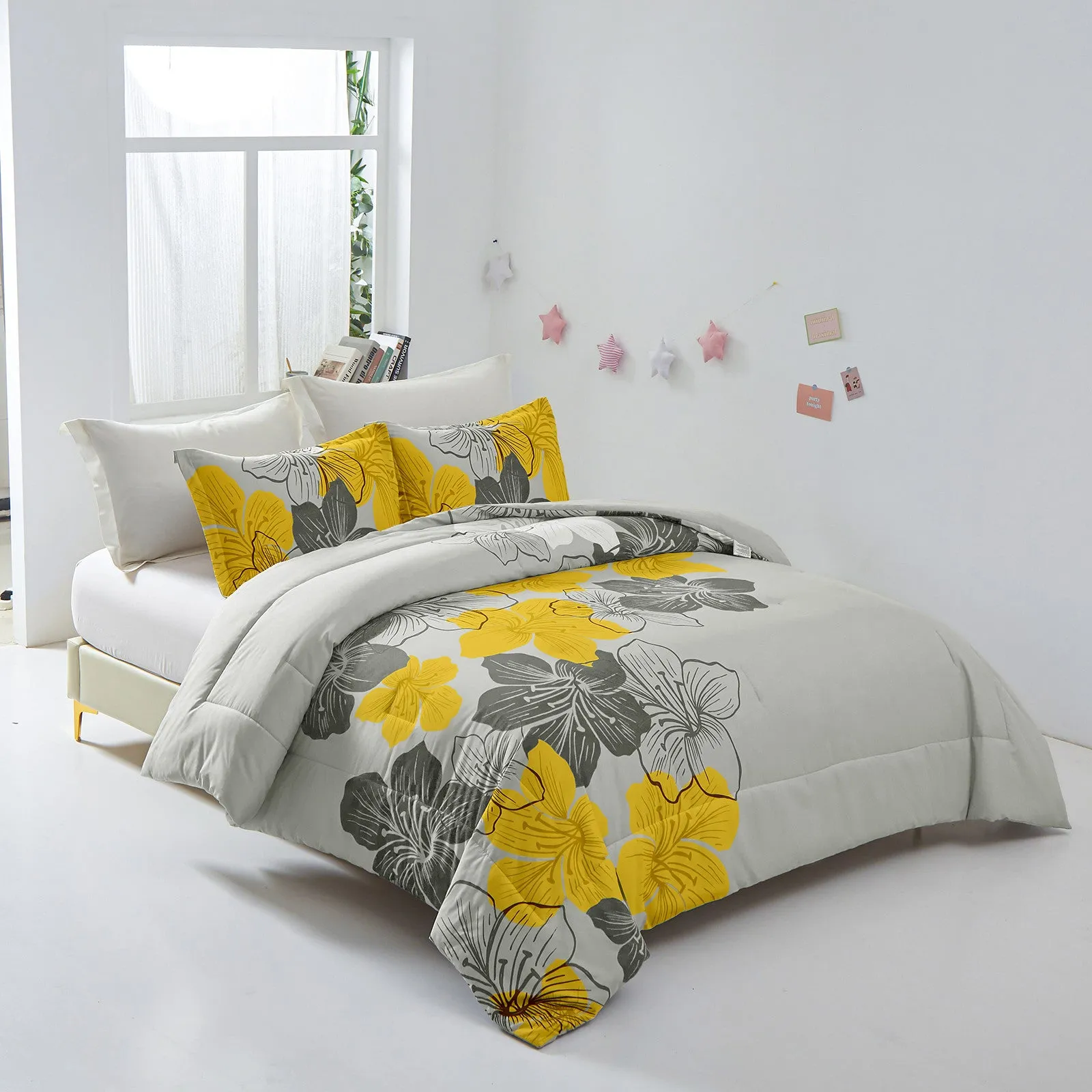 Floral Comforter Set, King Size, Yellow Floral 3-Piece Bedding, Lightweight Microfiber