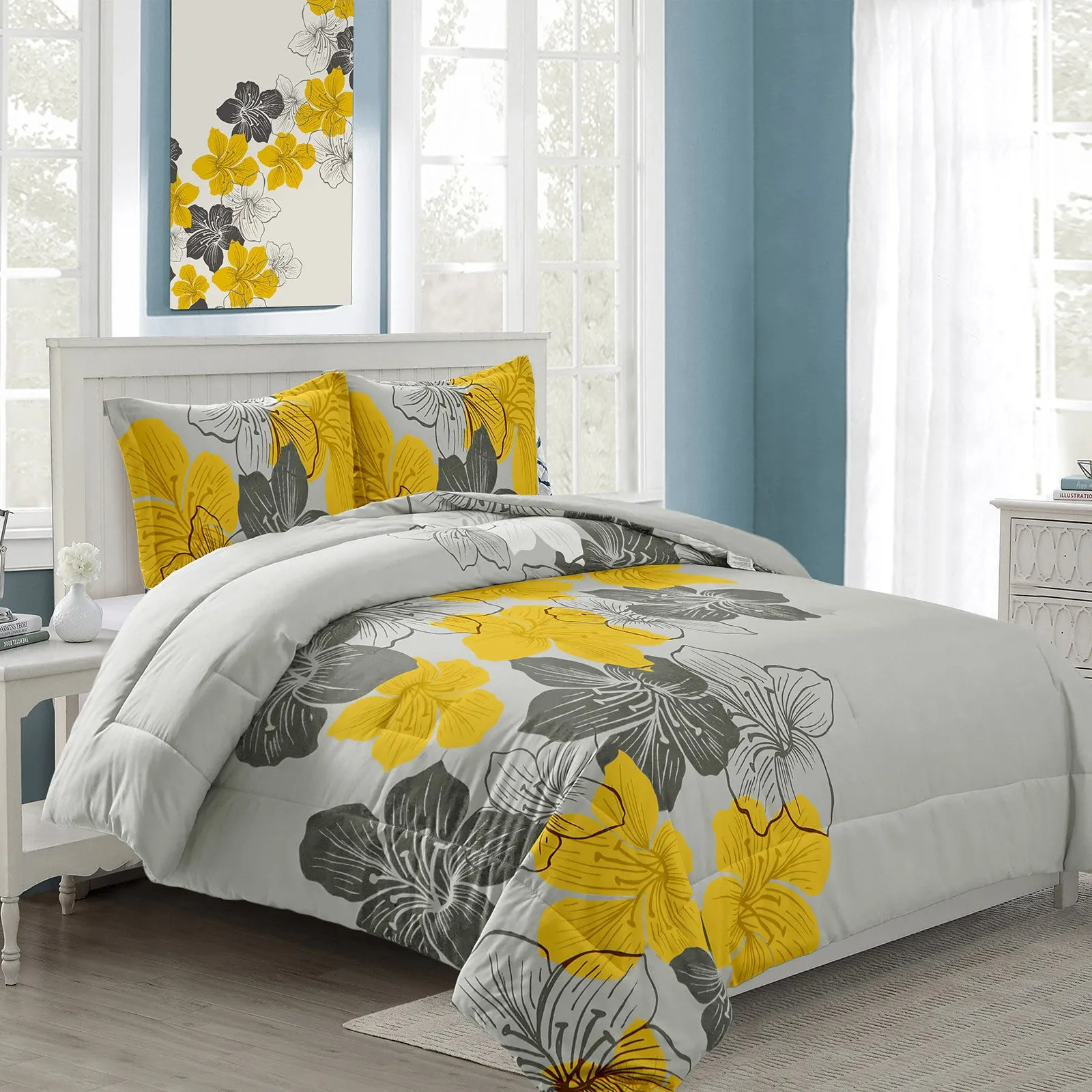 Floral Comforter Set, King Size, Yellow Floral 3-Piece Bedding, Lightweight Microfiber