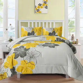 Floral Comforter Set, King Size, Yellow Floral 3-Piece Bedding, Lightweight Microfiber