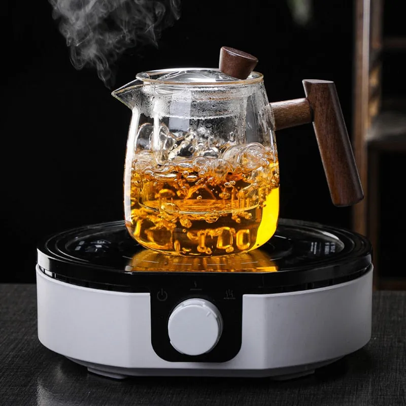 Glass Teapot Wood Handle Tea Ceremony Transparent Set Cup