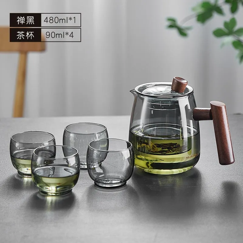 Glass Teapot Wood Handle Tea Ceremony Transparent Set Cup