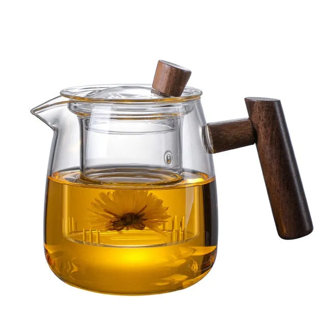 Glass Teapot Wood Handle Tea Ceremony Transparent Set Cup