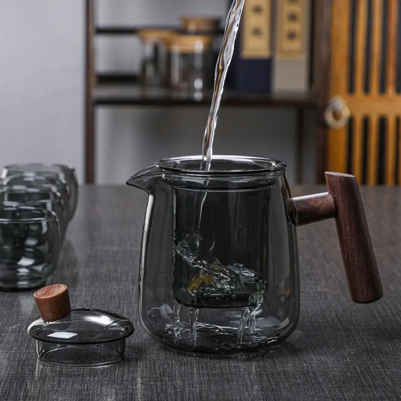 Glass Teapot Wood Handle Tea Ceremony Transparent Set Cup